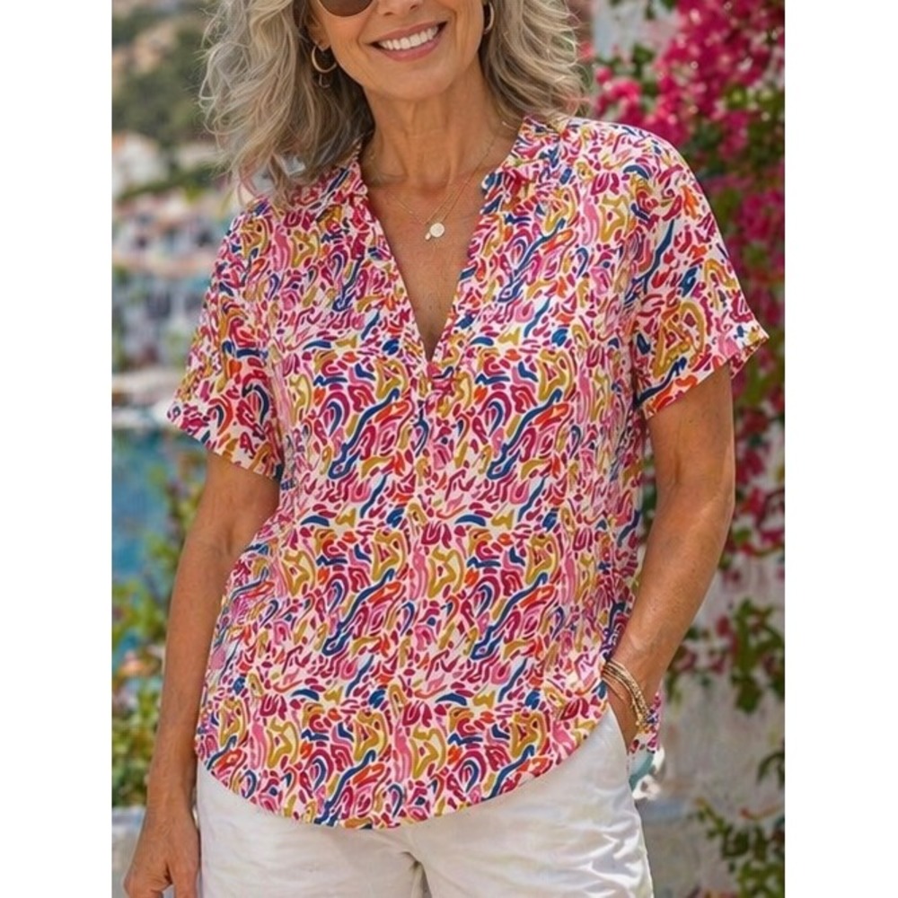 Michelle McDowell‎ Womens Top Pink Multi Large Blouse Colorful Summer Vacation
